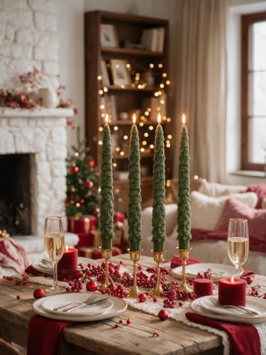 LPUSA Christmas Tree Taper Candles Olive Green 10in, Set of 4 - Unscented, Dripless