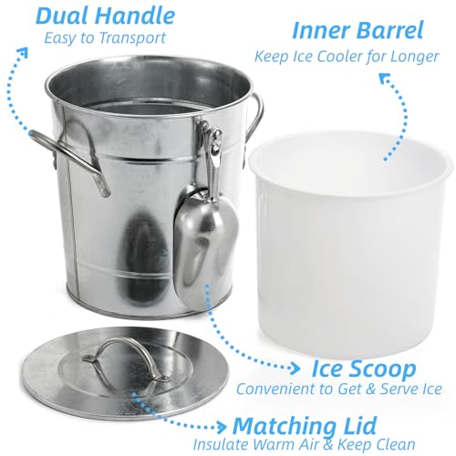YOUEON 4L Insulated Ice Bucket with Lid & Scoop, Rustic Steel Beverage Chiller for Parties