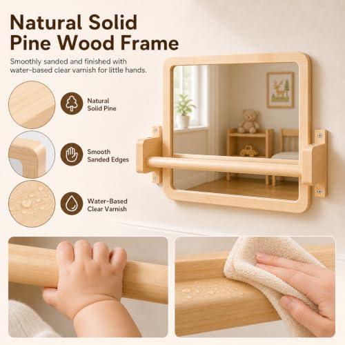 Montessori Baby Mirror with Pull Up Bar, Solid Wood Wall-Mounted Trainer