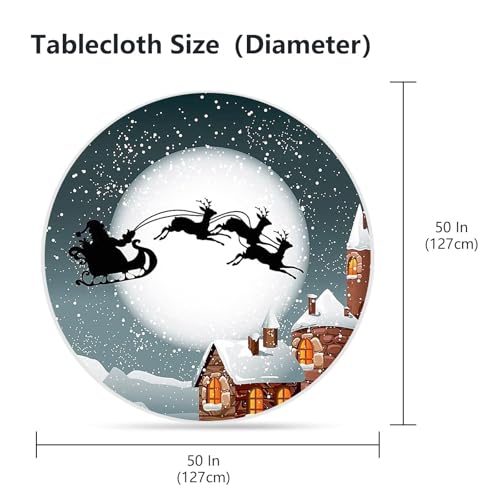 VVA 50 Inch Round Christmas Tablecloth with Santa Sleigh Snow Scene - Vintage Grey