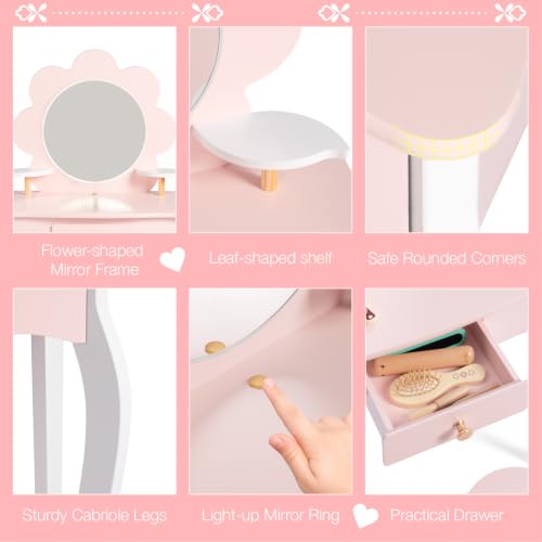 Kids Vanity Set with LED Flower Mirror and Stool - Pastel Pink