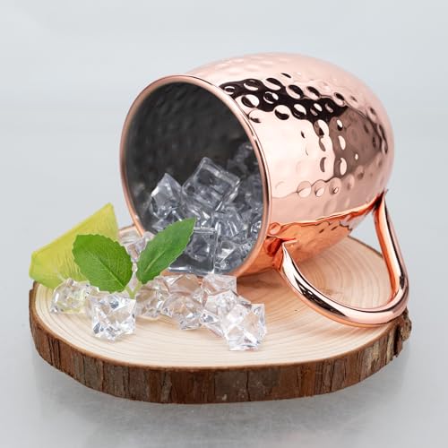 TJ Moscow Mule Mugs Rose Hammered Set of 4, 17 oz Copper Cup w/ GoldenHandle