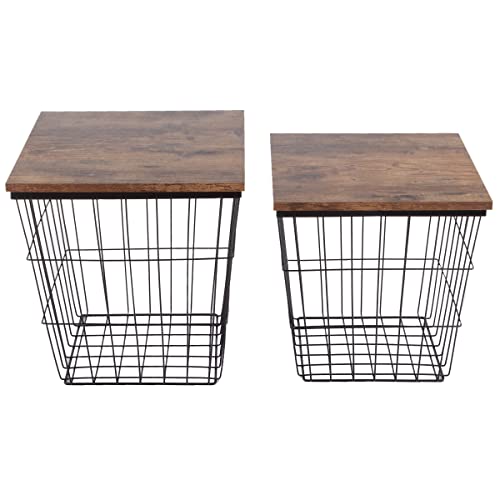 Nesting End Tables Set of 2 - Square Wood Top Side Tables with Storage Baskets