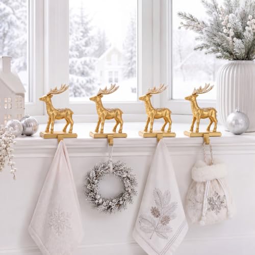 Christmas Reindeer Stocking Holders Set - Gold Deer Mantel Hangers, 4 Pack