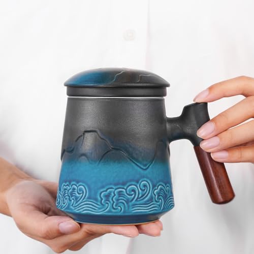 ZENS Blue 15.2oz Tea Cup with Infuser & Lid, Hand-Sprayed Gradient Ceramic