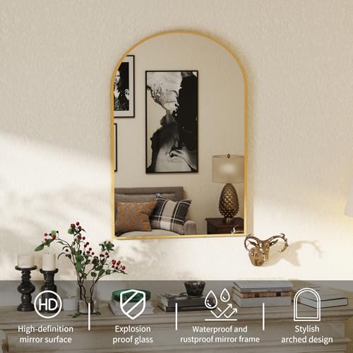 20x30 Inch Arched Wall Mirror, Gold Metal Frame Bathroom Vanity Mirror