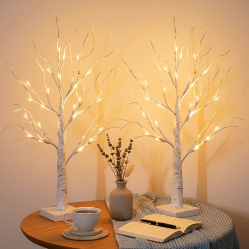 2FT Lighted Tabletop Birch Trees (2-Pack) - 24 LED Battery & USB Powered