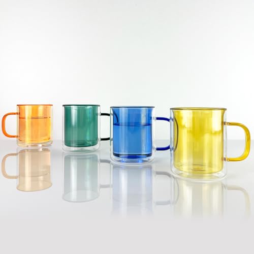 Cloudnola Double Wall Insulated Glass Mugs Set of 4 - Vibrant Coffee Tea Cups