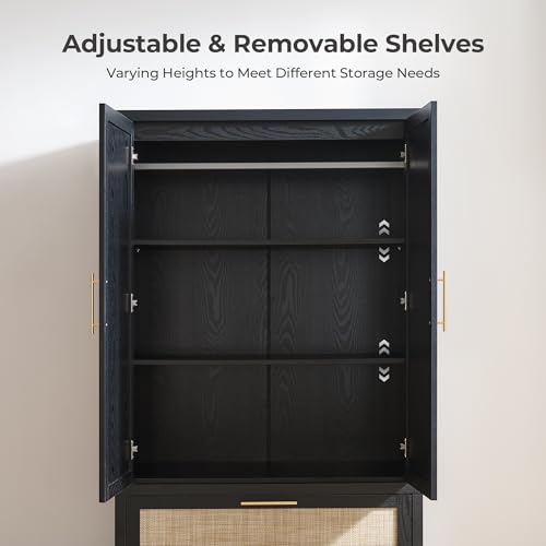 Rattan Armoire Wardrobe Closet with Drawers - 71-inch Boho Storage Cabinet
