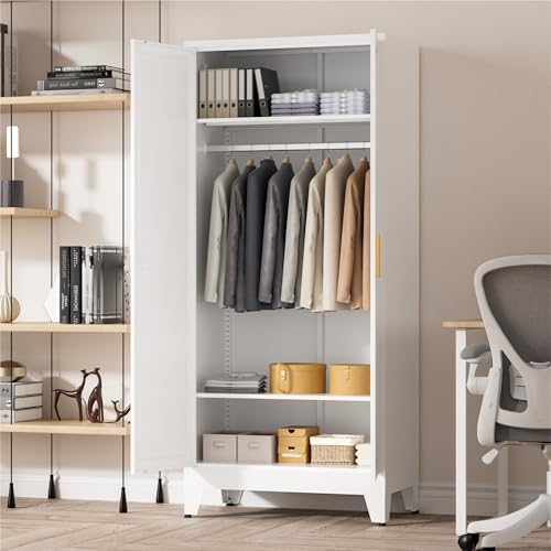 71-Inch Metal Wardrobe Closet with Adjustable Shelves and Hanging Rod