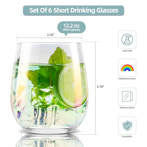 SHOWLOUE Short Drinking Glasses Set of 6, 12.2 fl oz Iridescent Crystal Tumblers