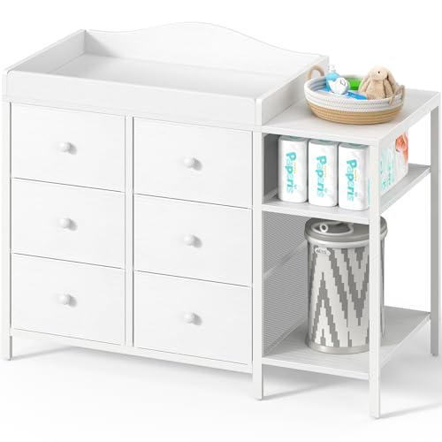 Baby Dresser with Changing Table Top, 6 Fabric Drawers & Nursery Shelf