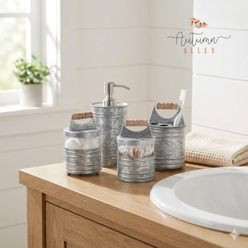 4-Piece Rustic Farmhouse Bathroom Accessory Set, Galvanized Metal & Glass