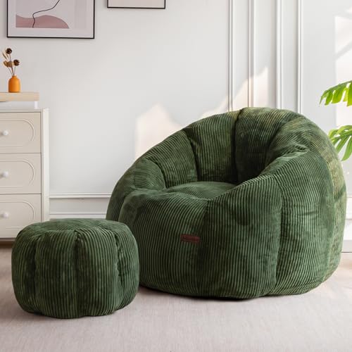Oversized Bean Bag Chair with Ottoman, Pumpkin Lounge Chair in Green