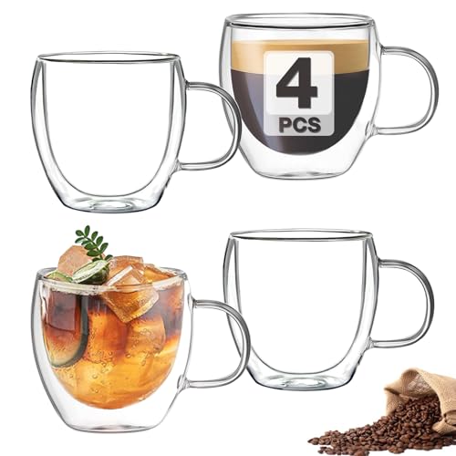 Mfacoy Double Wall Insulated Glasses Set of 4 - 5 oz Clear Coffee Cups with Handle
