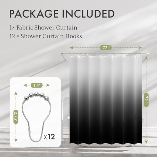 Ombre Black Shower Curtain Set with 12 Hooks, 72x72 Fabric Farmhouse Decor