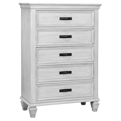 5-Drawer Farmhouse Bedroom Chest in Distressed White
