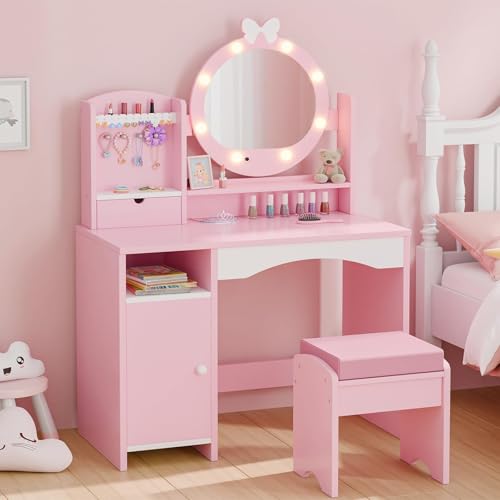 Kids Vanity Table and Chair Set with Lighted Mirror and Storage - Pink