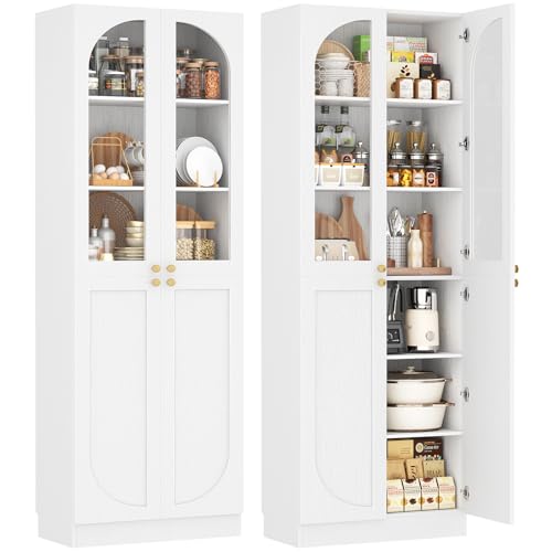 80-Inch Tall Kitchen Pantry Cabinet with Arched Glass Doors and Shelves