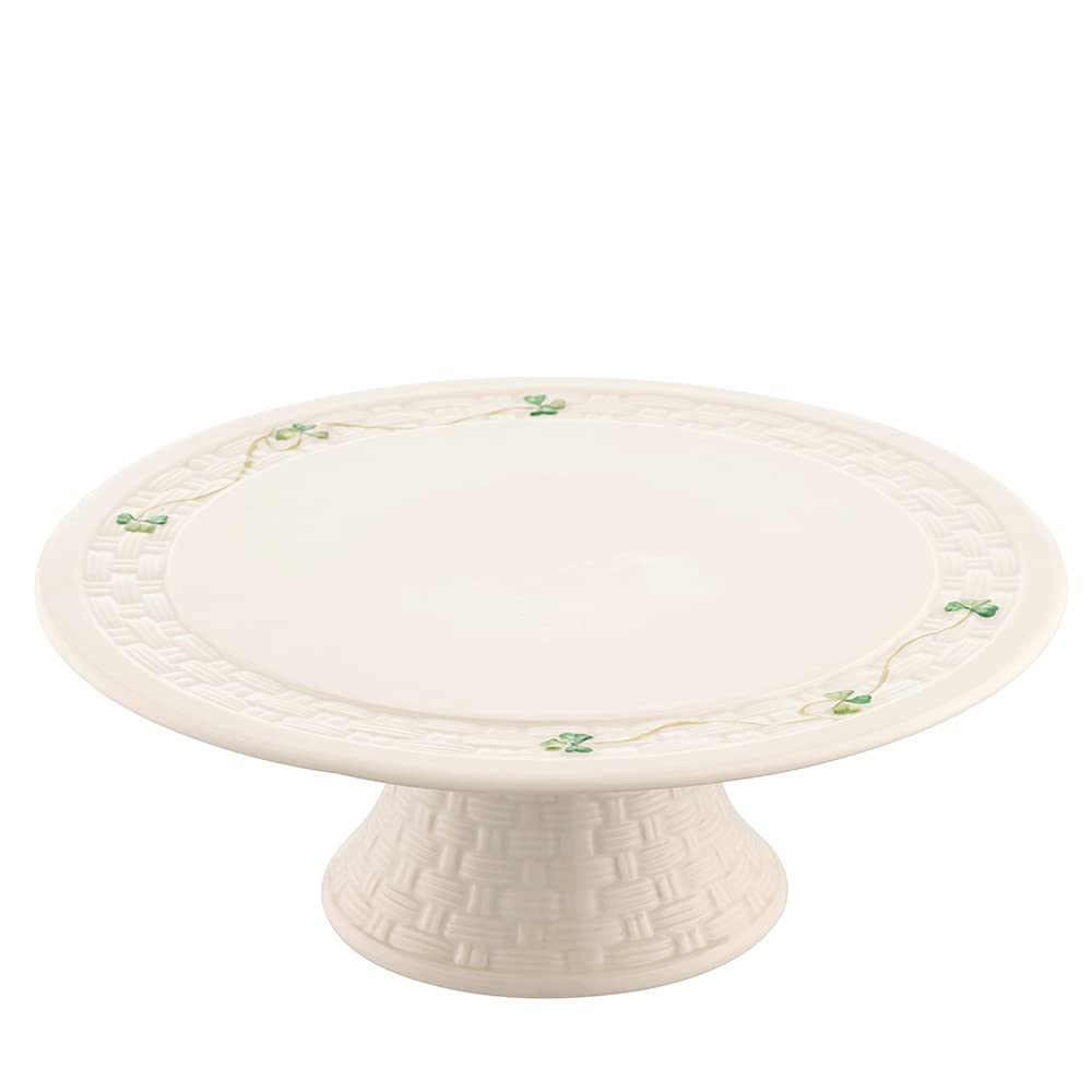 Belleek Classic Shamrock Cake Stand 10"D x 3.5"H, Handcrafted Fine Parian China Cake Plate, White