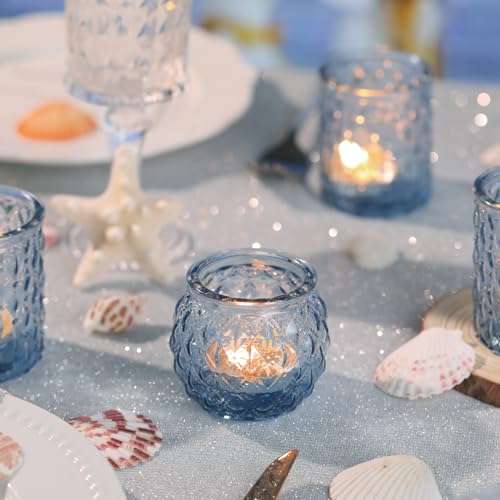 Blue Glass Votive Candle Holders Set of 24 - Textured Design for Weddings & Parties