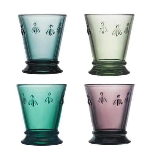Set of 4 Bee Embossed Drinking Glasses, Multicolored Glassware