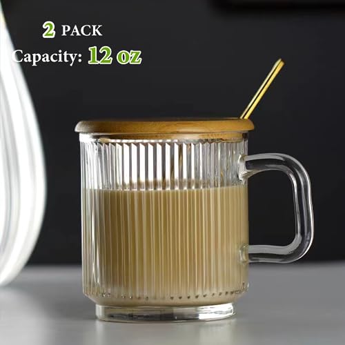Mfacoy 2 Pack Glass Coffee Mugs with Handle & Spoon, 12 Oz Clear Drinkware Set with Bamboo Lids for Hot & Cold Beverages