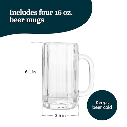 16 Oz Glass Beer Mugs with Handles - Set of 4 Freezer-Safe Beer Glasses