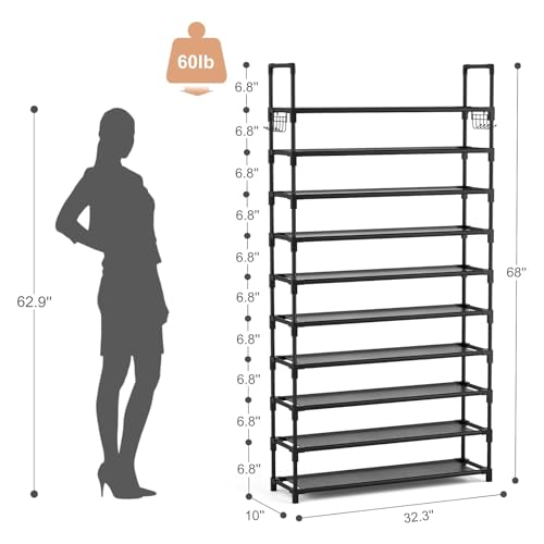 10-Tier Tall Shoe Rack Organizer - Large Capacity Metal Storage Shelf