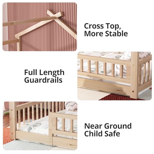 Full Size House Bed with Fence, Solid Wood Montessori Floor Bed Frame