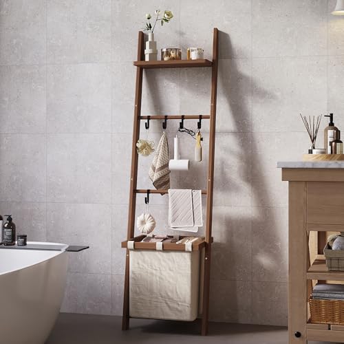 63-Inch Bamboo Blanket Ladder with Shelf, Fabric Basket, and 5 Hanging Hooks