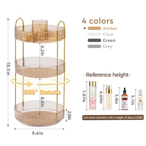 BEFSOP 3-Tier Gold Rotating Makeup Organizer with Brush Holder - Upgraded Clear Cosmetic Storage for Women