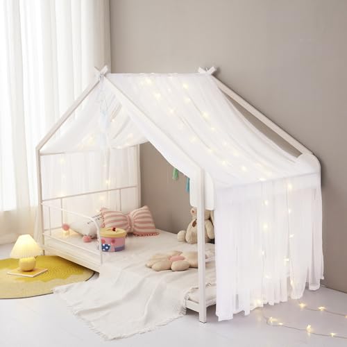 White Sheer Voile Bed Canopy Curtains with Star Lights for Kids House Beds