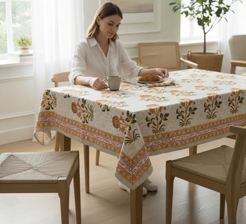 White Orange Squash Floral Hand Block Cotton Fall Tablecloth 90x60 Inches
