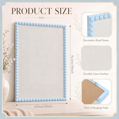 20x30 Inch Linen Bulletin Board with Decorative Bead Frame, Blue