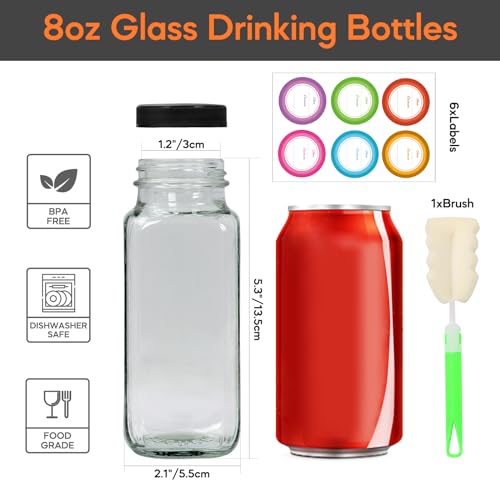 8oz Square Glass Juice Bottles with Leak-Proof Lids, 6-Pack Set