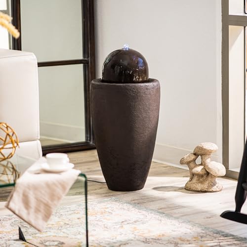 26-Inch Modern Round Stone Sphere Water Fountain with LED Lights