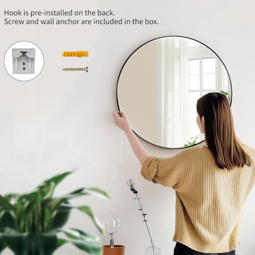 24-Inch Round Wall Mirror with Matte Black Metal Frame for Bathroom