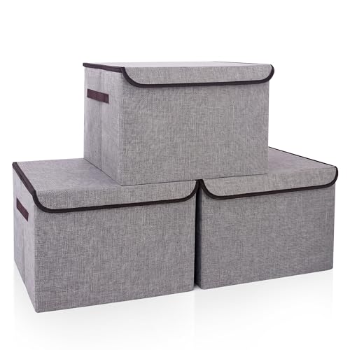 Collapsible Storage Bins with Lids 3-Pack Large Fabric Linen Boxes Gray