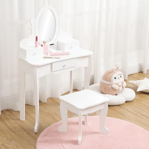 Kids' Vanity Set with Mirror and Stool - Wooden Makeup Table for Girls