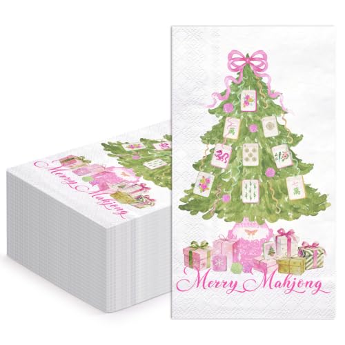Wrapaholic 50Pcs Christmas Tree Pink Mahjong Paper Napkins - Holiday Disposables
