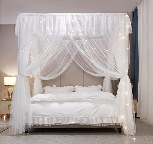 4 Poster Ruffle Princess Bed Canopy Curtain - Double Layer Mosquito Net