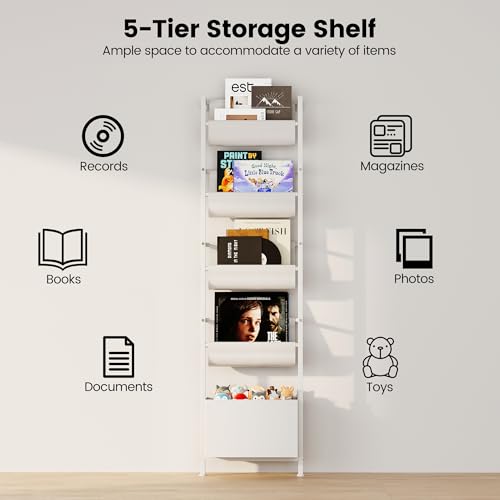 5-Tier Wall Mounted Kids Bookshelf with Storage Bin, Slim Ladder Shelf