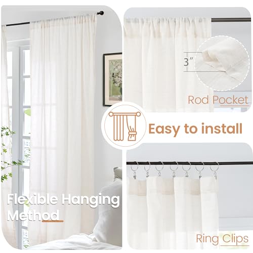 Light Filtering Linen Curtains - 84 Inch Length, 2 Panels Set