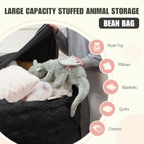 5ft Faux Fur Bean Bag Chair Cover, Washable Fluffy Beanbag Seat, Black