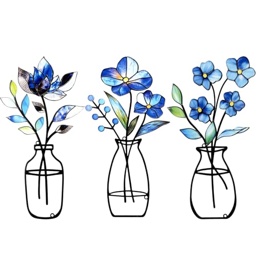 3-Piece Metal Vase Wall Art Set, Rustic Blue Iron Floral Wall Decor