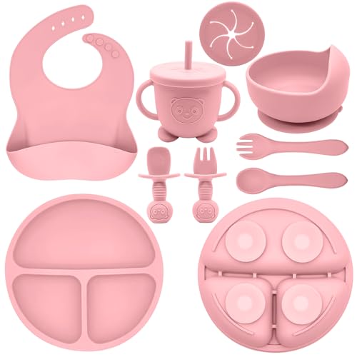 Silicone Baby Feeding Set with Suction Plate, Bowl, Bib and Utensils Pink