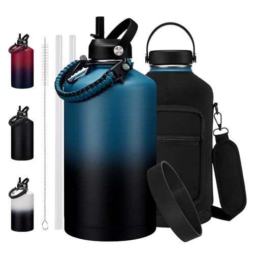 1 Gallon Water Bottle Insulated - with Straw & Flex Cap Lid, Paracord Handle, Bottle Sleeve with Strap, BPA Free & Leak Proof Big Metal Water Canteen, 128 oz Stainless Steel Water Jugs for Sports Gym