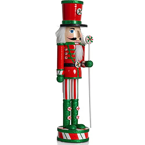 15-Inch Wooden Peppermint Nutcracker Figurine Christmas Candy Soldier Decor