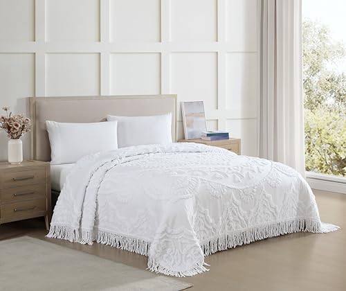 Queen Lotus Medallion Chenille Bedspread - 100% Cotton, White